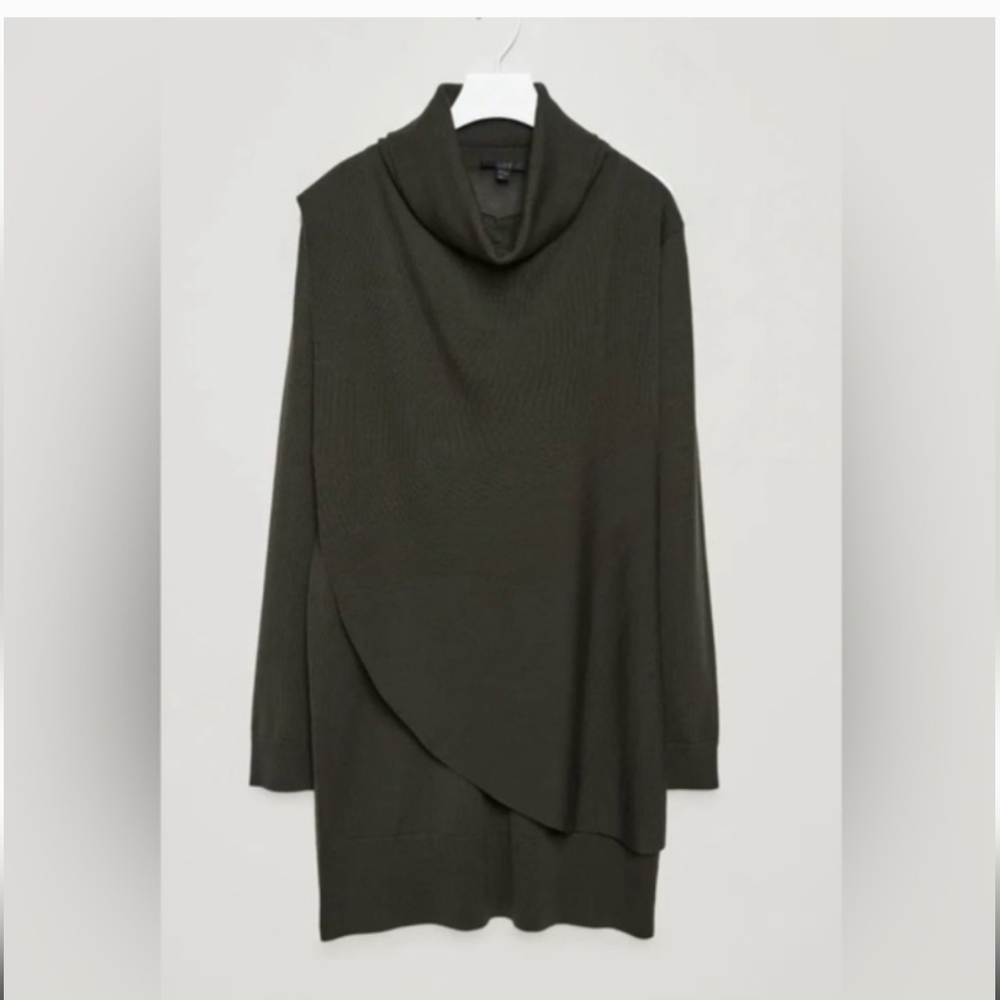 COS Dark Olive 100% Wool Cowl Neck Sweater Dress